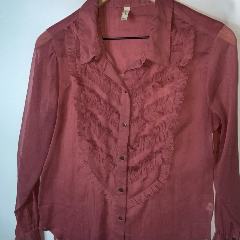Free People Sheer Ruffle Tuxedo Button Down Shirt SZ M Medium - Picture 2 of 6